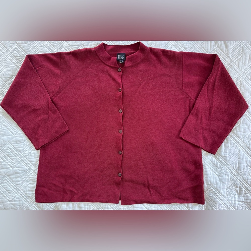 Eileen Fisher Wine 100% Wool Fine Knit Stand Collar 3/4 Sleeve Cardigan Sweater